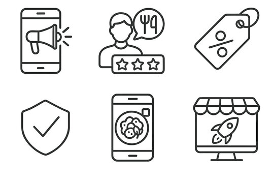 Ghost Kitchen Icons. Line style icons of ghost kitchen marketing: social media ad icon, influencer review icon, promo code tag,