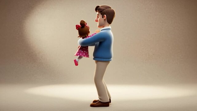 Father Holding Daughter 3D Animated Hug Tender Family Moment in Studio Lighting.