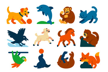 Naklejka premium Playful Animal Icons. Flat vector icons of animal play: dog with ball, dolphin jumping, chimp tickling, kitten pouncing, raven