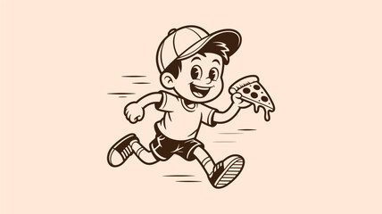Happy cartoon boy running with a slice of pizza