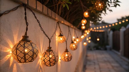 Decorative string lights hanging along a wall creating a warm and inviting outdoor atmosphere at dusk