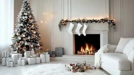 Watch as a beautiful room comes to life with a holiday tree, cozy fire, and festive decorations during winter celebrations - Powered by Adobe