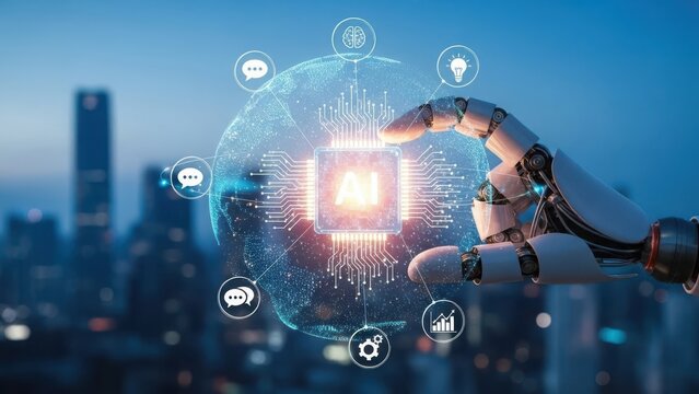 Robotic hand interacts with a digital globe representing artificial intelligence and global connectivity