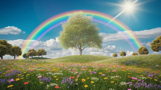 Vibrant spring meadow with colorful flowers and a beautiful rainbow under a sunny sky