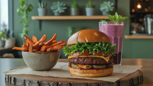 Cinematic Video of Vegan Fast Food Meal with Burger, Sweet Potato Fries, and Smoothie in Eco-Friendly Caf&eacute; Setting