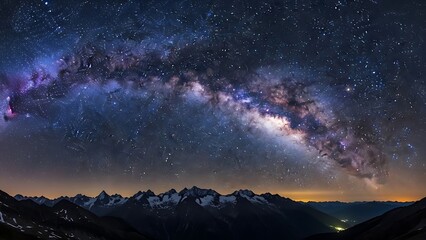Naklejka premium Panoramic Milky Way Arch Over Majestic Snow-Capped Mountains and Distant Valley Lights at Night.
