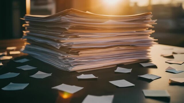 Stack of paperwork with scattered notes on a table, perfect for office and business themes
