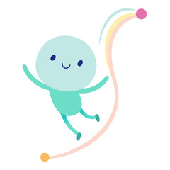 Joyful character leaping with colorful ribbon and orbs