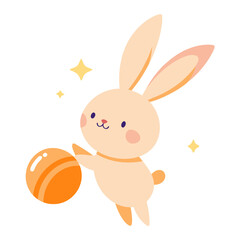 Cute cartoon bunny playing with an orange ball and sparkles