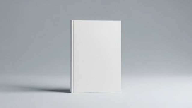 A blank white book cover stands on a plain gray background, ready for customization