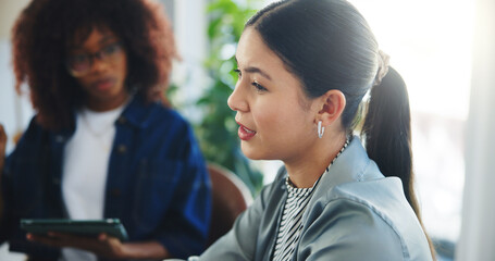 Woman, discussion and meeting in office with plan for business growth, sustainable idea or proposal. People, communication and planning in workplace with tablet, eco friendly project and development.