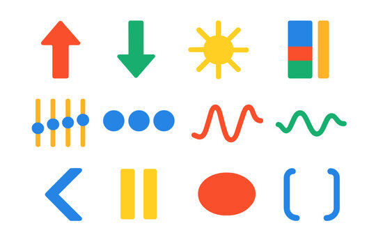 Prosody Icon Set. Flat vector icons of prosody: rising intonation arrow, falling intonation arrow, stress symbol, pitch range bar,