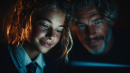 Curious young girl and father engaged by screen's light fostering shared discovery and learning