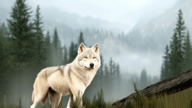 A wolf moves through a forest with tall trees and mountains