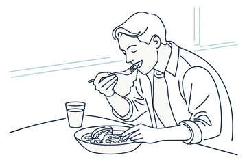Minimalist Line Drawing of Man Eating Food on Table Modern Lifestyle Vector Illustration