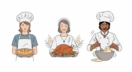 Diverse chefs in traditional hats holding seasonal dishes and preparing pastry represents culinary arts. These diverse chefs are portrayed holding a pie, roasted bird, and mixing dough,