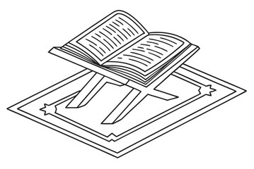Minimal Line Drawing of Open Quran Holy Book on Mat Islamic Religious Illustration