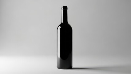 A sleek, empty black wine bottle stands in isolation against a minimalist light gray background.
