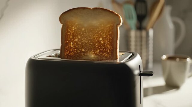Modern kitchen toaster preparing warm golden brown bread for breakfast