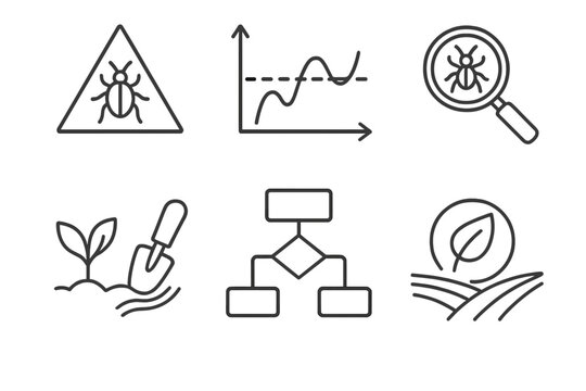 Integrated Pest Management Icons. Line style icons of Integrated Pest Management: IPM triangle, threshold level graph, scouting