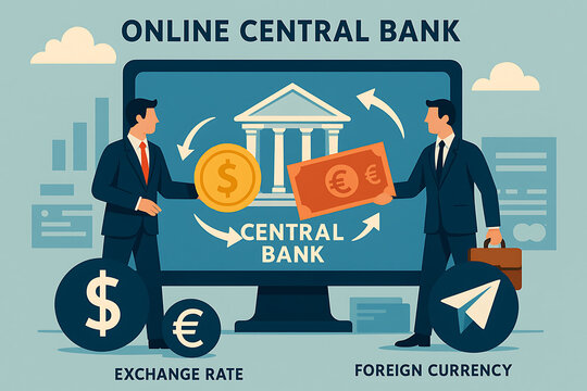 Central bank system showing currency exchange with financial transaction illustration highlighting money management and foreign trade