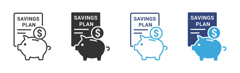 Savings Plan Icon Set, Financial Budget Strategy, Piggy Bank Investment Growth and Money Management concept icon, vector illustration.