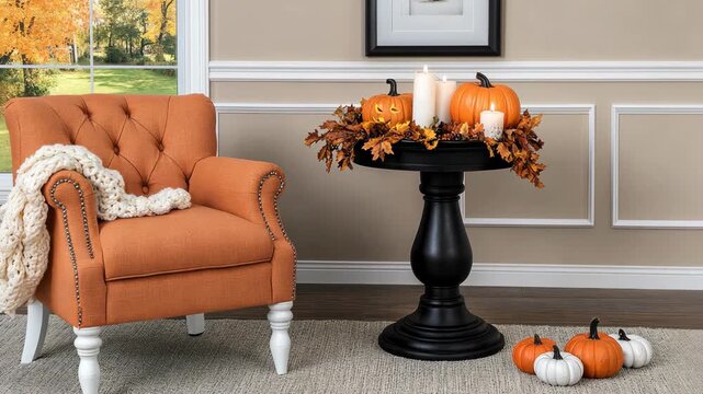 Creating a warm autumn look with pumpkins, a chair, and table decorated with leaves in an inviting indoor setting for the season