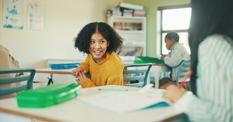 Cheating, quiz and education with girl in classroom for essay plagiarism, exam answers and gossip. Secret, academic pressure and study risk with children in school for scholarship and test help