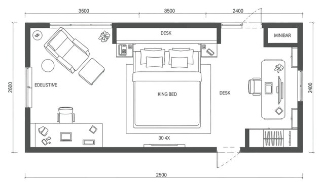 King Bed Hotel Room Floor Plan Blueprint vector illustration