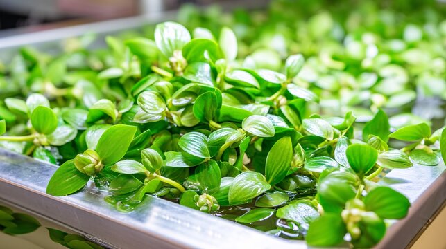 shot showing a dense mat of surface aquatic plants being actively harvested from a fish farming pond, emphasizing the dual function of filtration and biomass/feed production. The focus is on 