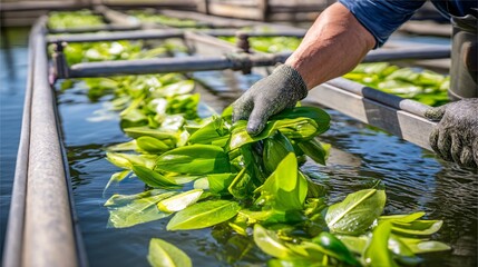 of a fish farming worker inspecting the health of submerged aquatic plants using specialized equipment. The focus is on the professional care taken to maintain the ecological balance for optimal 