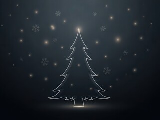 Glowing christmas tree outline with falling snowflakes and bokeh lights on dark background