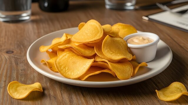 A plate of golden potato chips served with a small bowl of dipping sauce on a wooden table top view - Powered by Adobe