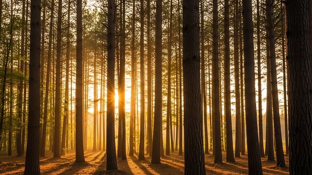 Golden Sunrise Rays Piercing Through a Tranquil Pine Forest Casting Long Shadows.