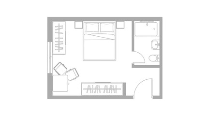 Top Down View Of A Studio Apartment Floor Plan With Bathroom