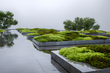 A future-ready roofscape with integrated rainwater harvesting channels and lush moss garden strips. Future roofscape with integrated rainwater channels, moss-garden strips, reflective surfaces, climat