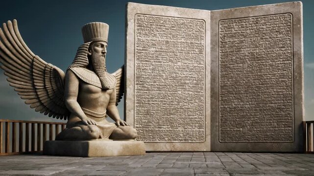 Majestic ancient stone statue of a winged figure with cuneiform tablets in a serene landscape