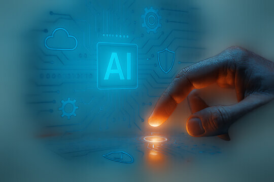 Finger pressing futuristic AI hologram with technology data innovation research and cybersecurity visualization