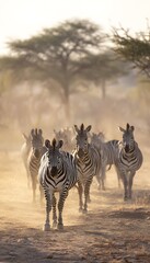 Obraz premium Serene zebras roam Kruger’s savanna bathed in warm afternoon light a peaceful wildlife portrait