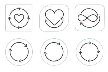Emotional Cycle Icons. Line vector icons of cyclic emotional generation: rhythmic passion circles, rotating heartlines, balanced