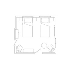 Top view of a room with two beds, chairs, and a table