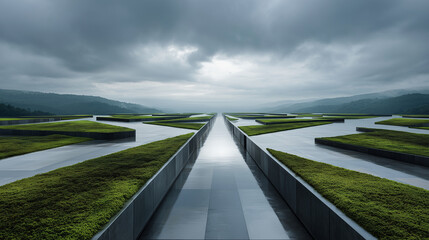 A future-ready roofscape with integrated rainwater harvesting channels and lush moss garden strips. Future roofscape with integrated rainwater channels, moss-garden strips, reflective surfaces, climat