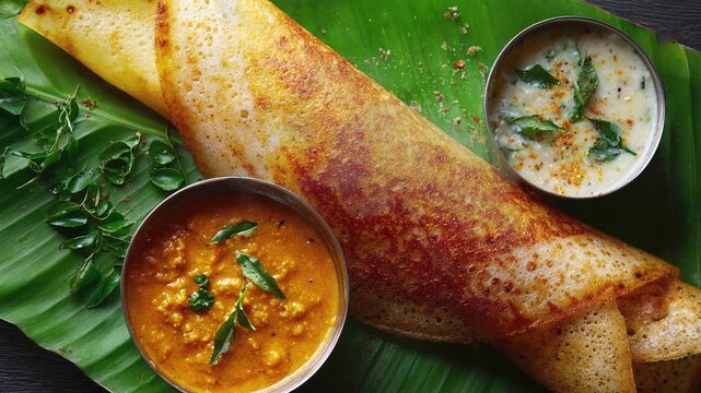 Crispy golden dosa served on a banana leaf with sambar and chutney