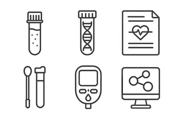Biohacking Lab Icons. Line style icons of lab testing in biohacking: blood draw vial, DNA test tube, biomarker report sheet,