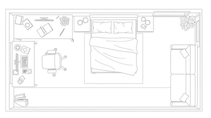 Top-down view of a bedroom layout with furniture floor plan