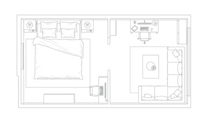 Top-down view of a studio apartment floor plan layout