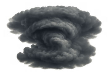 Mushroom cloud rising from a powerful explosion, dark smoke swirling into an atomic bomb shape, transparent background