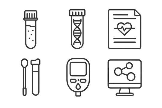 Biohacking Lab Icons. Line style icons of lab testing in biohacking: blood draw vial, DNA test tube, biomarker report sheet,