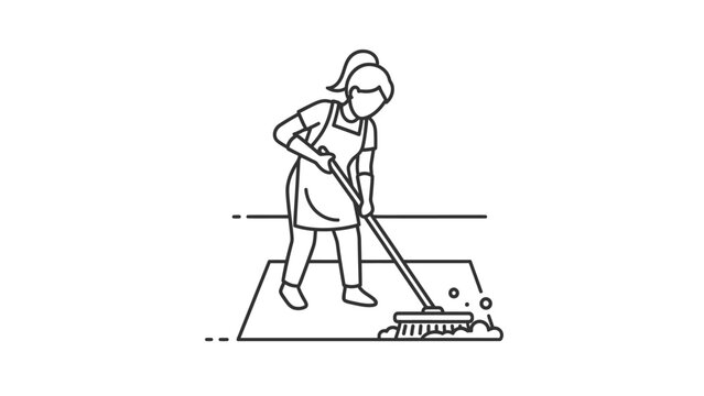 Woman sweeping floor with brush and soap suds icon