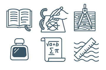 Scholarly Nautical Icons. Line style icons of academic harbor drafting: open journal beside mooring rope, pen sketching circular